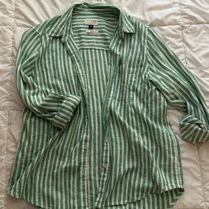 Green and White Striped Button-Up Shirt